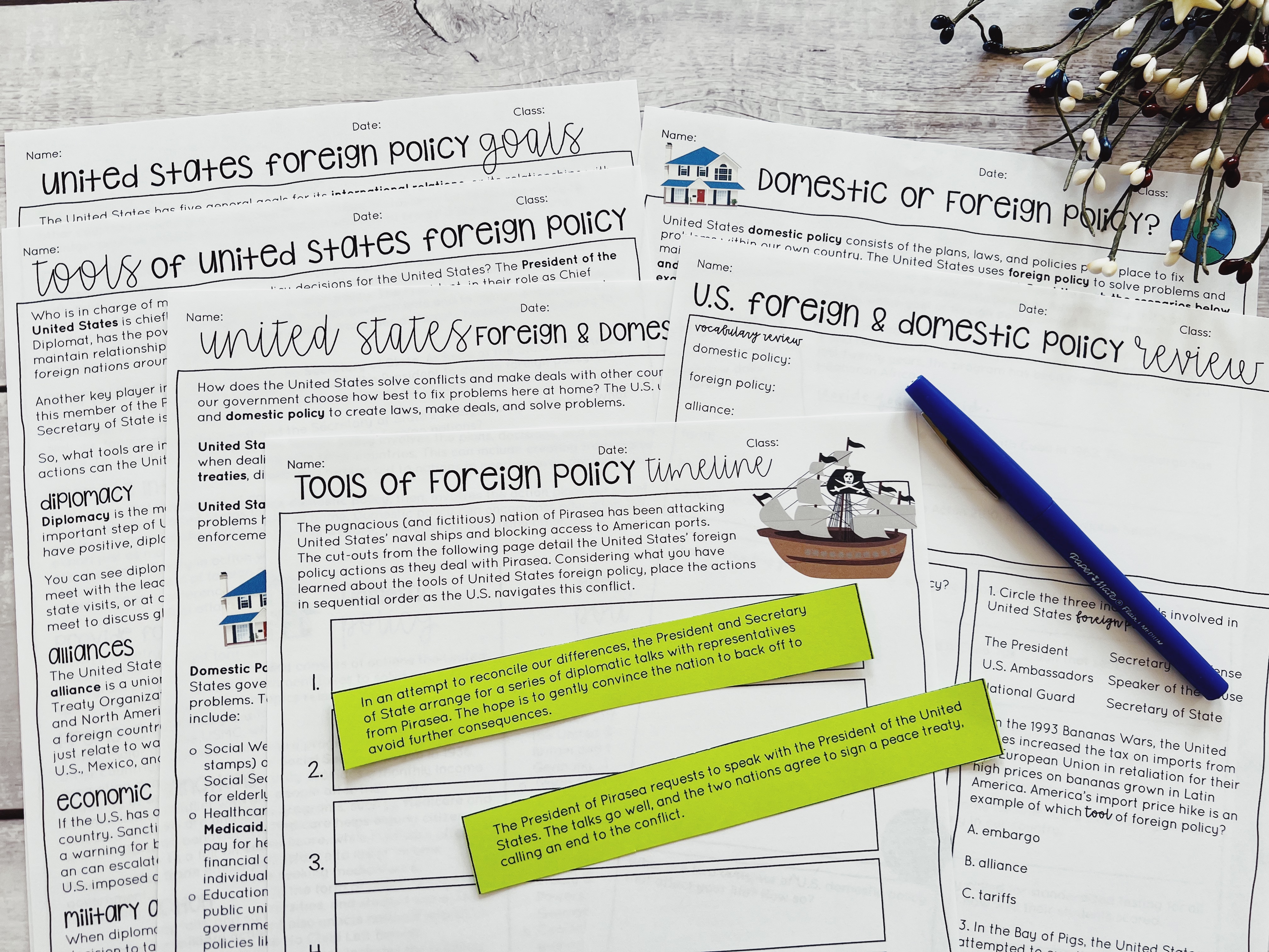 U.S. Foreign and Domestic Policy worksheets are displayed across a table.