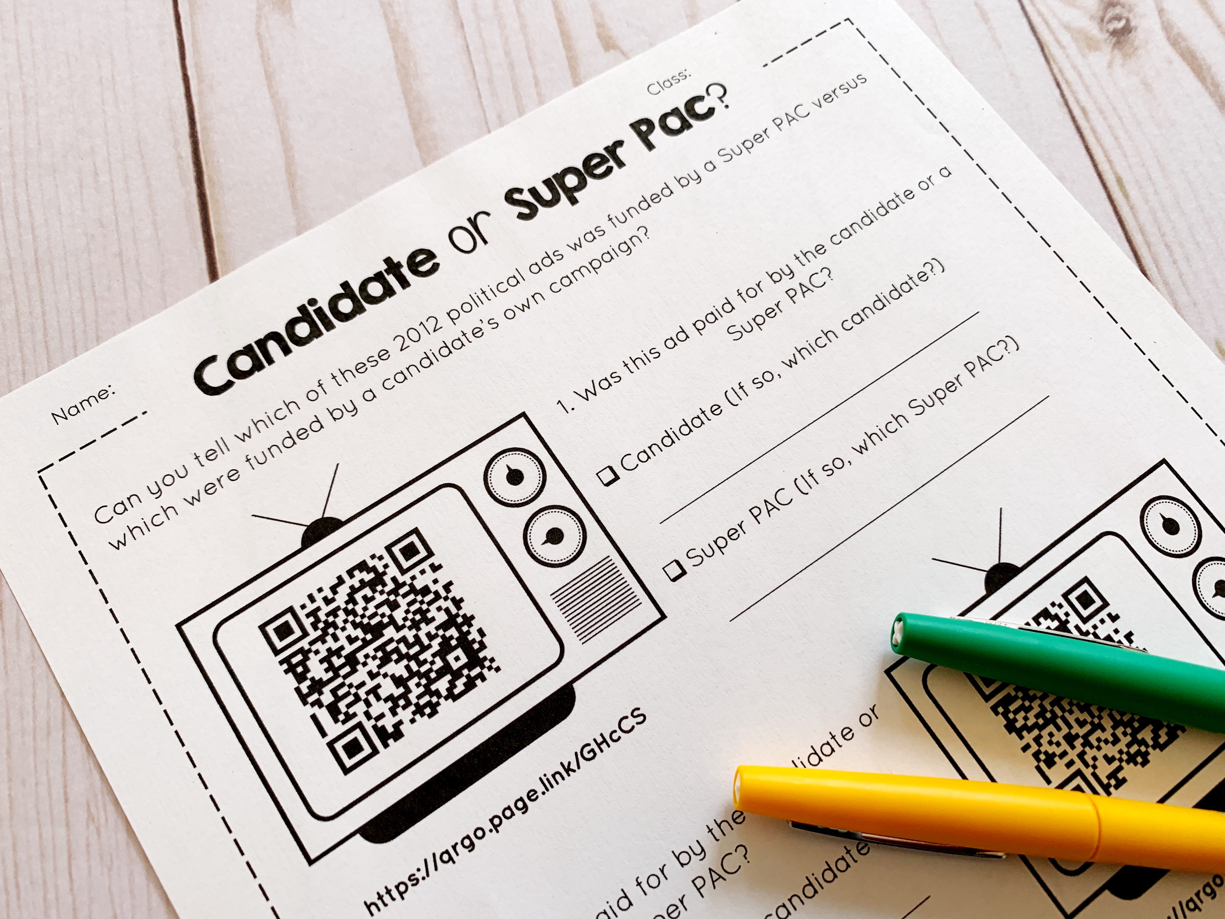 Pacs and Super Pacs lesson is displayed, showing a worksheet where students watch campaign ads via QR code.