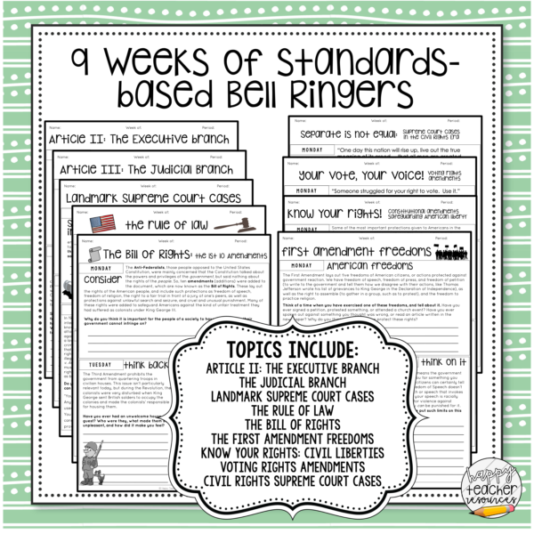 Civics Bell Ringers Quarter 3 thumbnail contains a list of the 9 weeks worth of Bell Ringer topics.