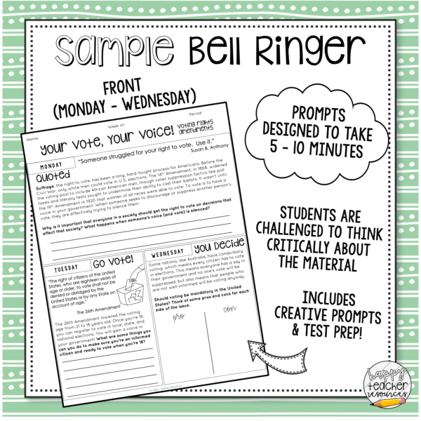 Civics Bell Ringers Quarter 3 thumbnail displays a sample bell ringer on voting rights amendments.