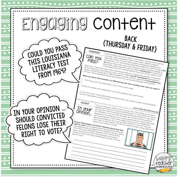 Civics Bell Ringers Quarter 3 thumbnail displays the back side of a sample Voting Rights Amendments Bell Ringer. The prompts include questions from a literacy test and a reflection on whether felons should lose their right to vote.