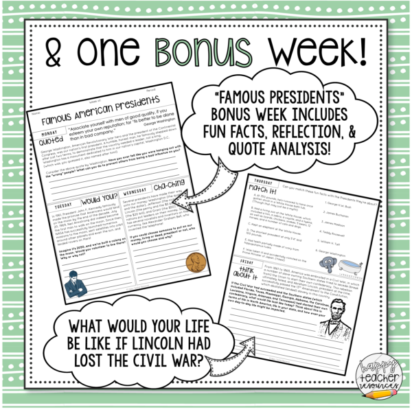 Civics Bell Ringers Quarter 3 thumbnail displays a bonus week with prompts on famous American Presidents.