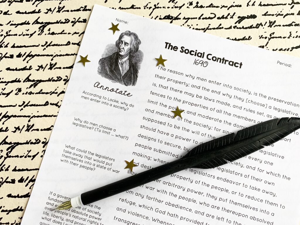 Social Contract close-up of the worksheet. Primary source text has questions in the margins.