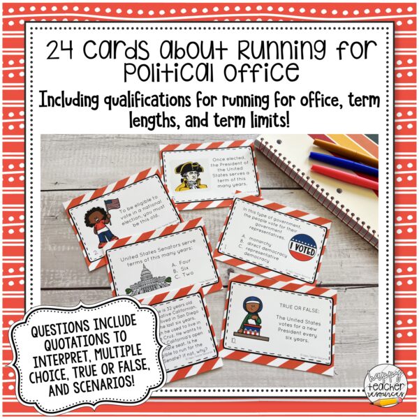 Elections Task Cards thumbnail says that there are 24 cards on running for office.