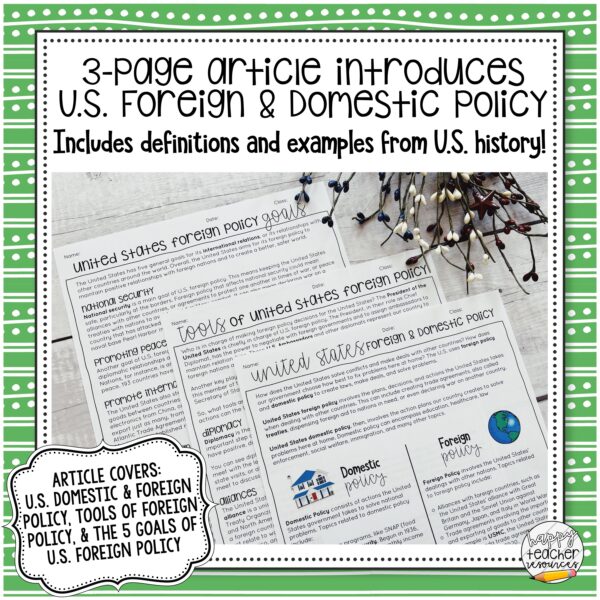 Foreign and Domestic Policy Article and Review thumbnail, text reads, "3-page article introduces US Foreign and Domestic Policy."