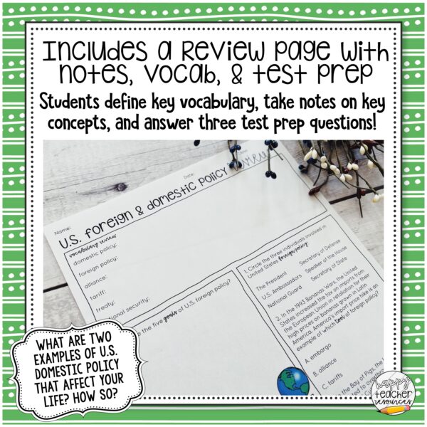 Foreign and Domestic Policy Article and Review thumbnail, text reads, "Includes a review page with notes, vocab, and test prep."