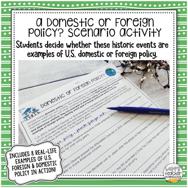 Foreign and Domestic Policy Article and Review thumbnail, text reads, "A Domestic or Foreign Policy? Scenario activity."