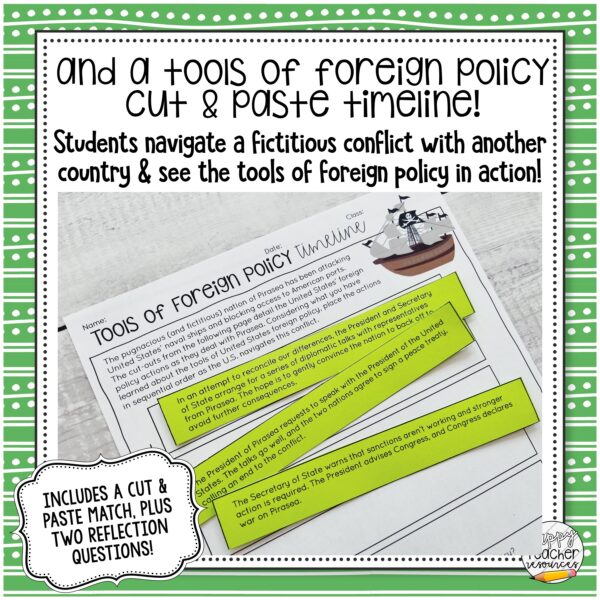 Foreign and Domestic Policy Article and Review thumbnail, text reads, "and a Tools oF Foreign Policy cut and paste timeline!"