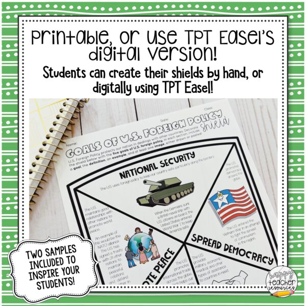 U.S. Foreign Policy Shield thumbnail says, "Printable, or Use TPT Easel's Digital Version"