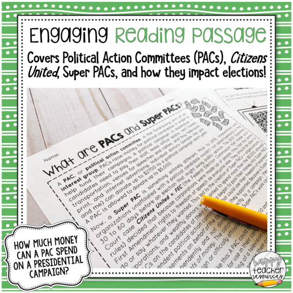 Pacs and Super Pacs thumbnail reads: "Engaging Reading Passage covers Political action committees, Citizens United, Super Pacs, and how they impact elections".