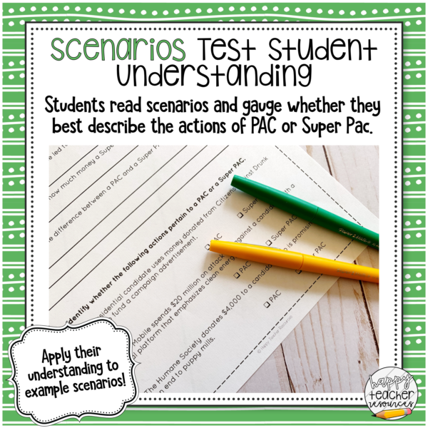 Pacs and Super Pacs thumbnail reads: "Scenarios test student understanding"