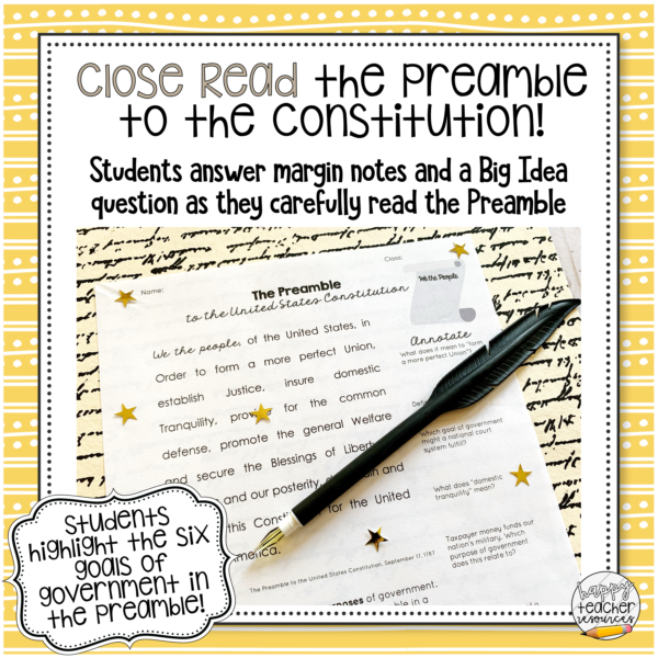 Preamble to the Constitution Bundle thumbnail, text reads: Close read the Preamble to the Constitution!