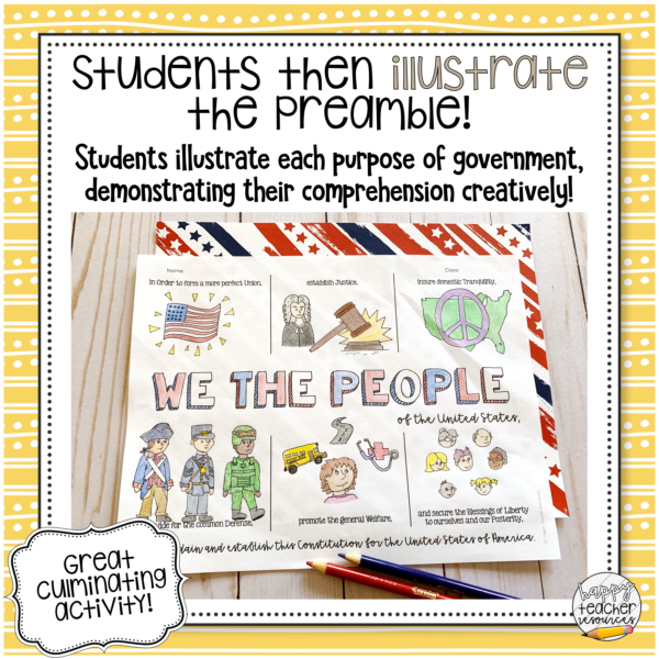Preamble to the Constitution Bundle thumbnail reads, "students then illustrate the preamble!"