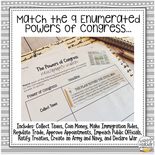 Powers of Congress Newspaper Match thumbnail reads, "Match the 9 Enumerated Powers of Congress..."