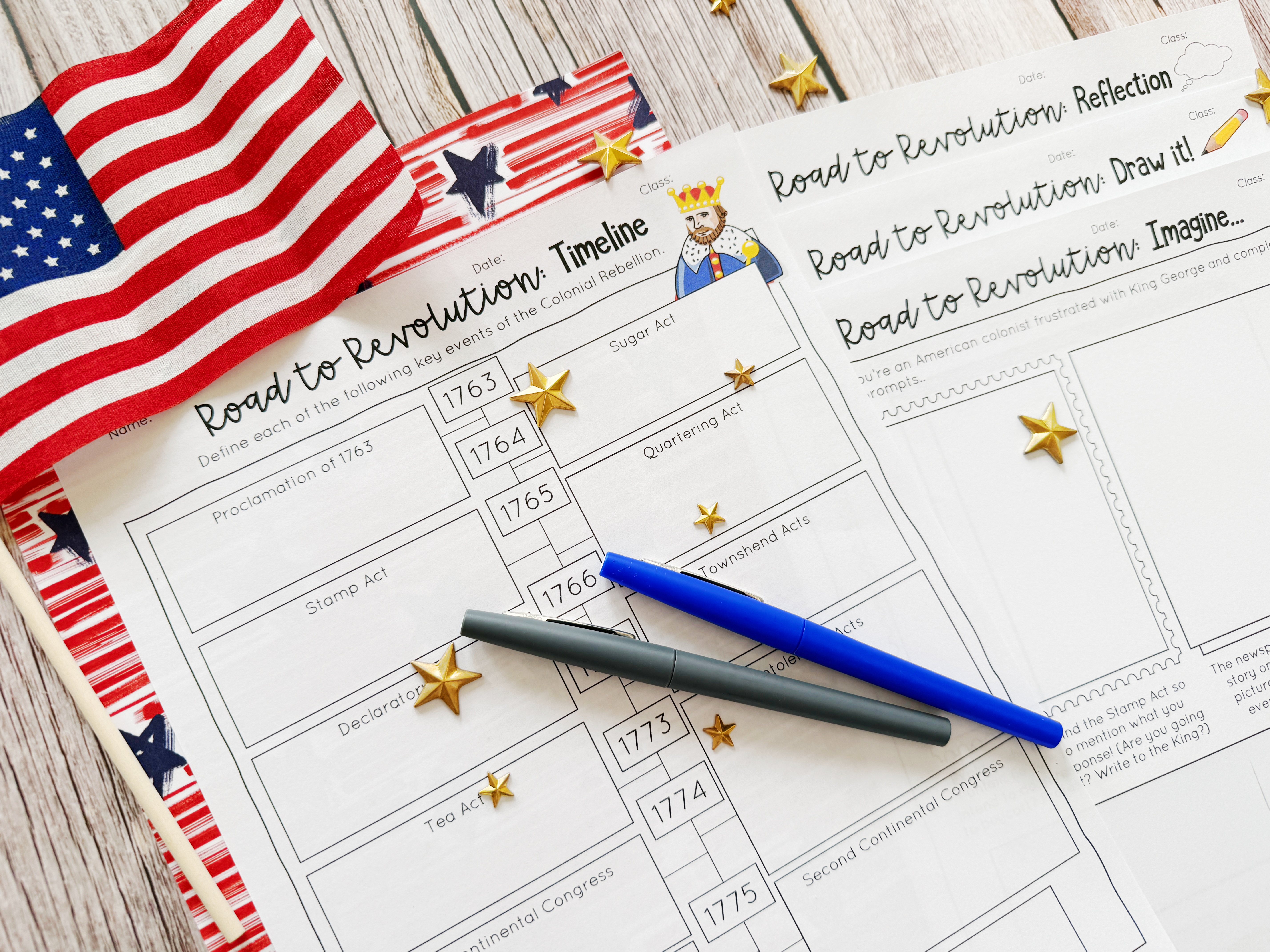 My Colonial Rebellion: Road to the American Revolution worksheet set is displayed on a table.