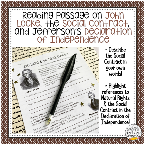 Social Contract thumbnail reads: Reading passage on John Locke, the social contract, and Jefferson's Declaration of Independence over a display of the worksheet.