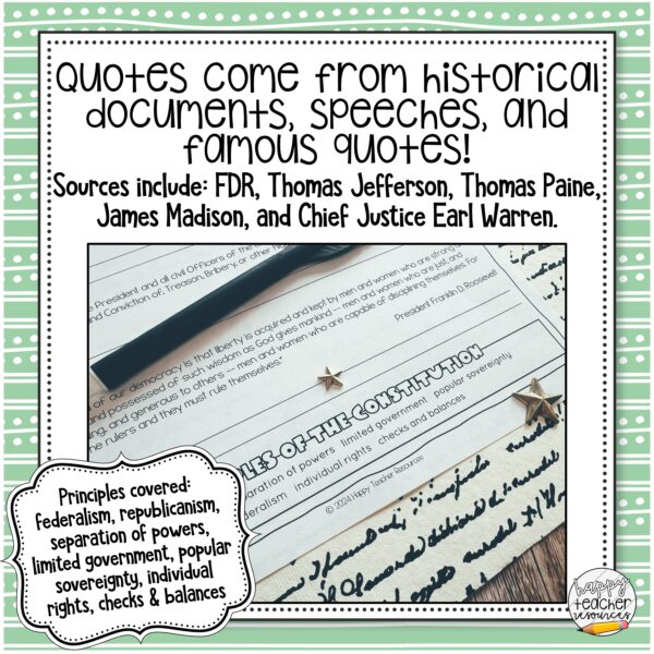 Principles of the Constitution Quotation Match thumbnail. Text says: "Quotes come from historical documents, speeches, and famous quotes! Sources include: FDR, Thomas Jefferson, Thomas Paine, James Madison, and Chief Justice Earl Warren."