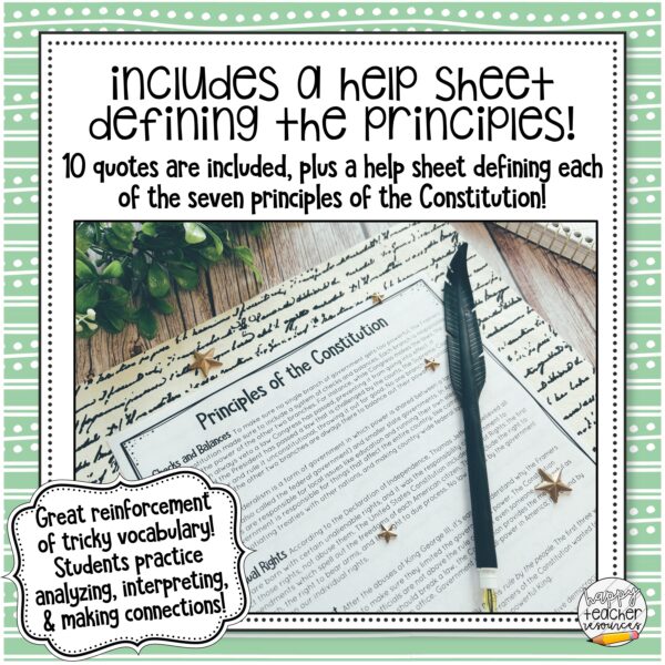 Principles of the Constitution Quotation Match thumbnail. Text says: "Includes a help sheet defining the principles! 10 quotes are included, plus a help sheet define each of the seven principles of the Constitution!"