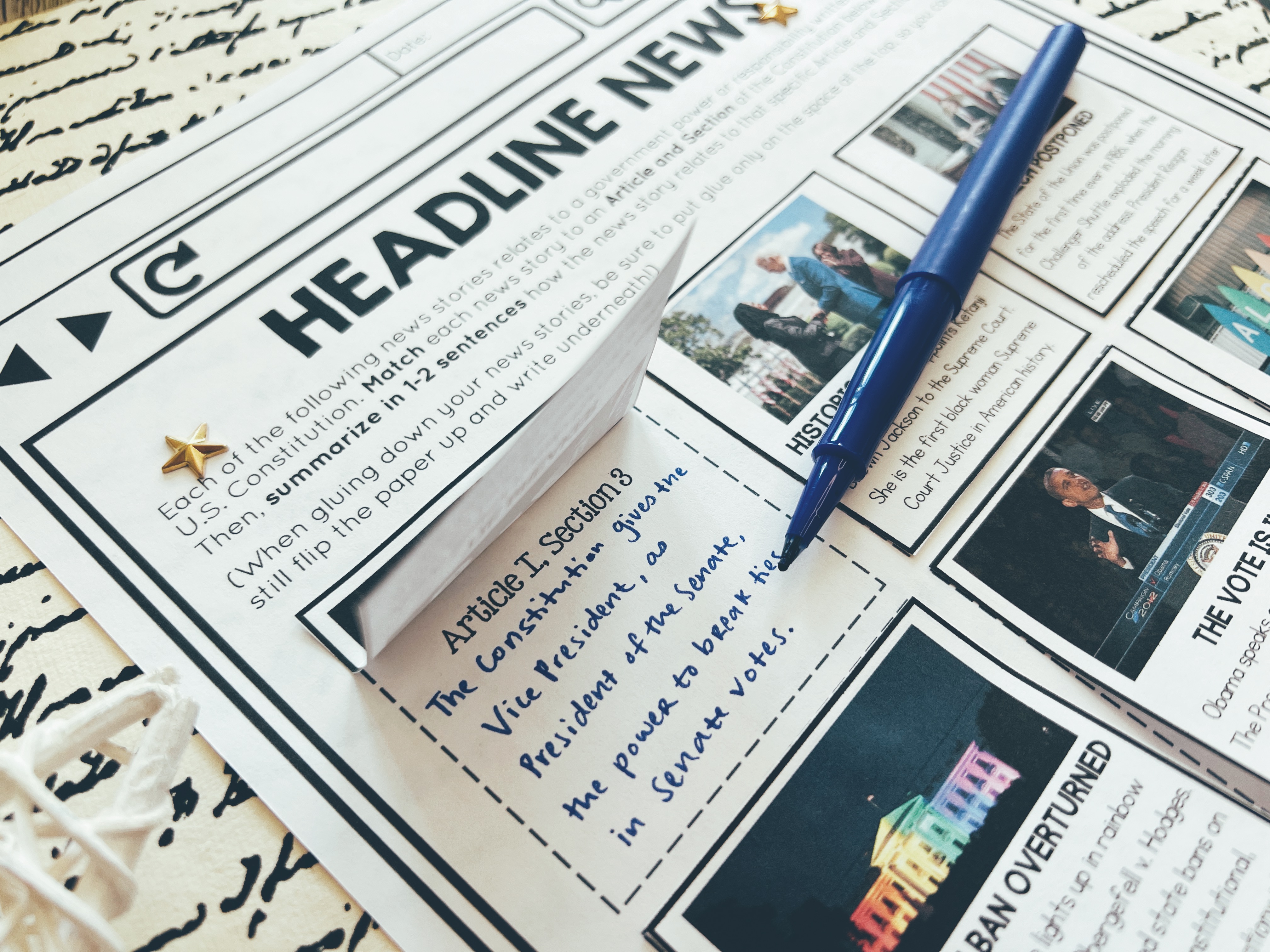 Structure of the U.S. Constitution activity shows writing in the worksheet.