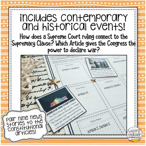 Structure of the U.S. Constitution activity, text reads: "Includes contemporary and historical events!"