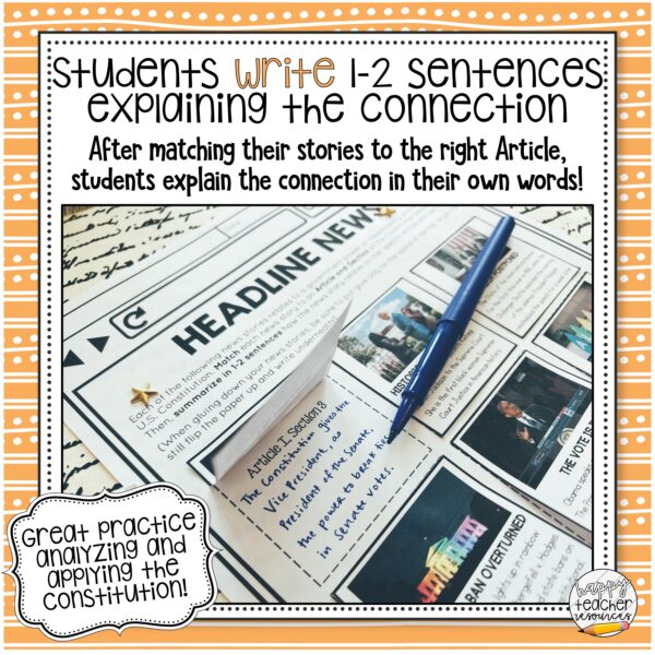 Structure of the U.S. Constitution activity, text reads: Students write 1-2 sentences explaining the connection.