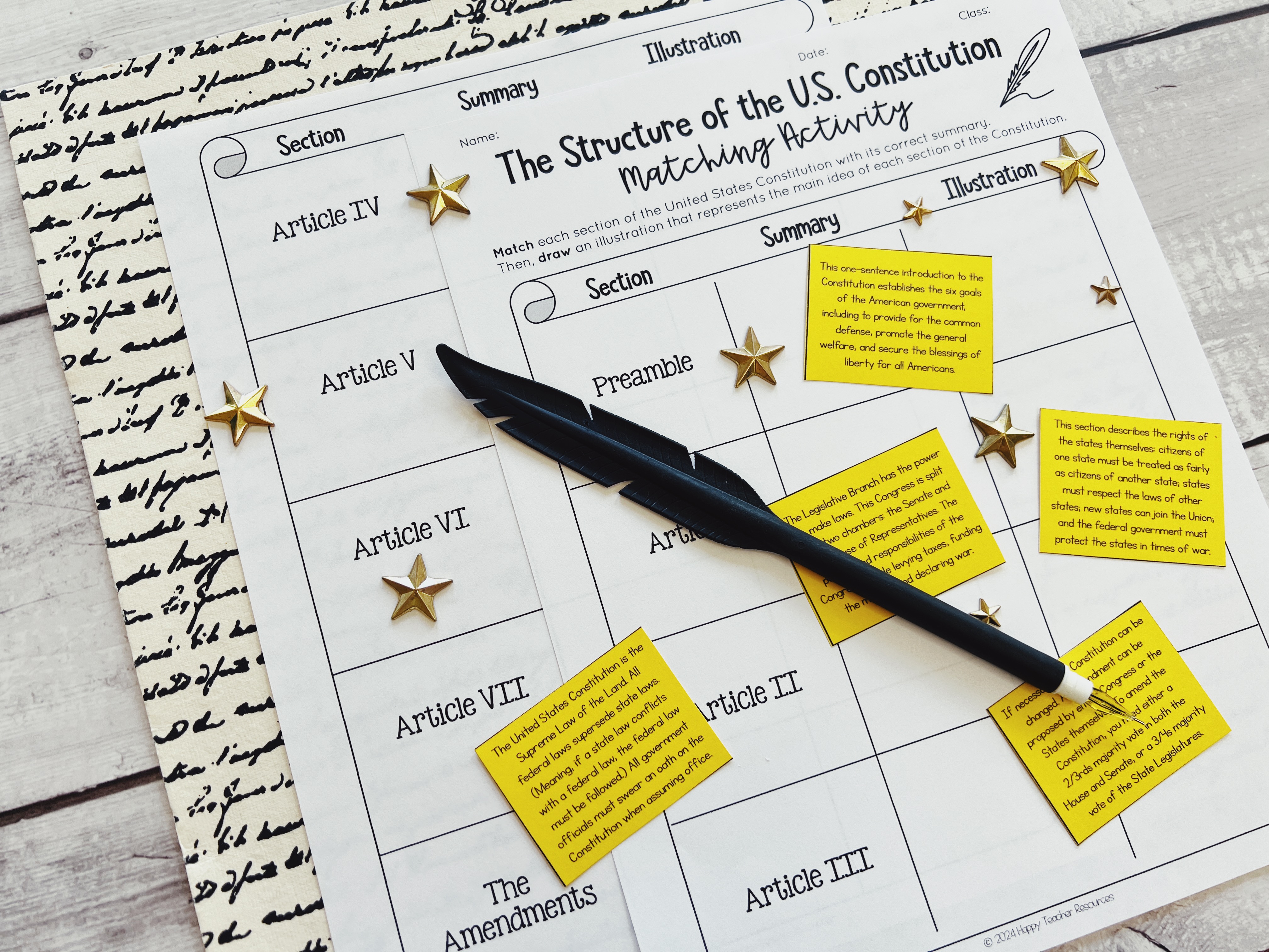 The Structure of the U.S. Constitution Matching Activity is shown displayed on a table, with yellow cut-outs summarizing the articles of the Constitution arranged across the page.