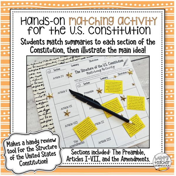 Preview for the Structure of the Constitution Match says "Hands-on Matching Activity for the U.S. Constitution" and shows the worksheet with yellow cut-and-paste papers arranged on it.