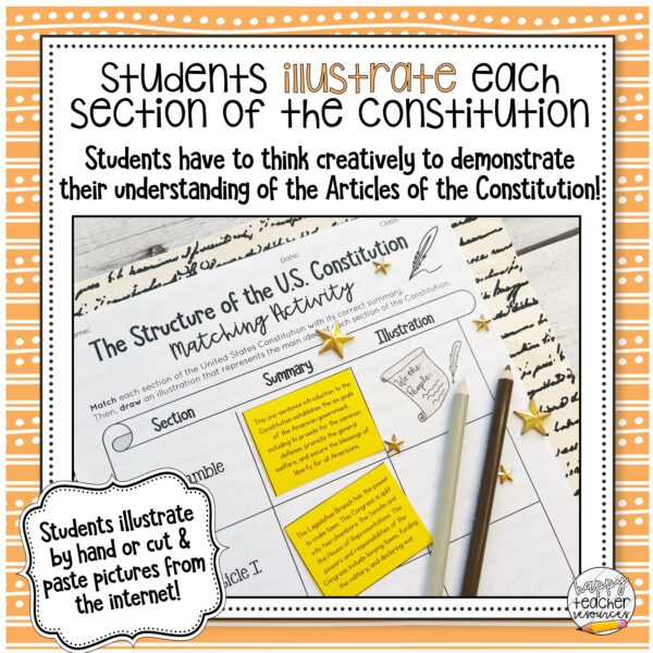 Preview for the Structure of the Constitution Match says "Students illustrate each section of the Constitution."