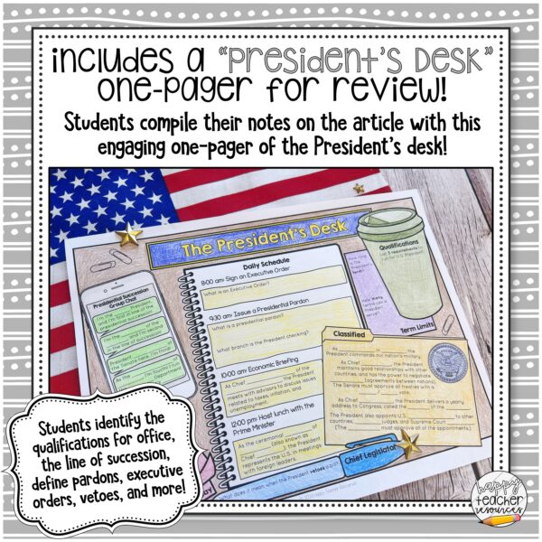 The Executive Branch Article and One-Pager thumbnail reads "includes a President's Desk one-pager for review!"