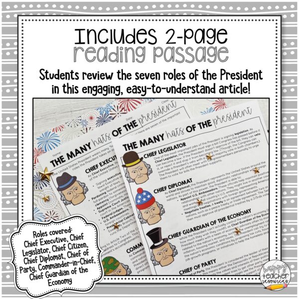 Roles of the President thumbnail reads "Includes 2-page reading passage!" with a picture of an article.