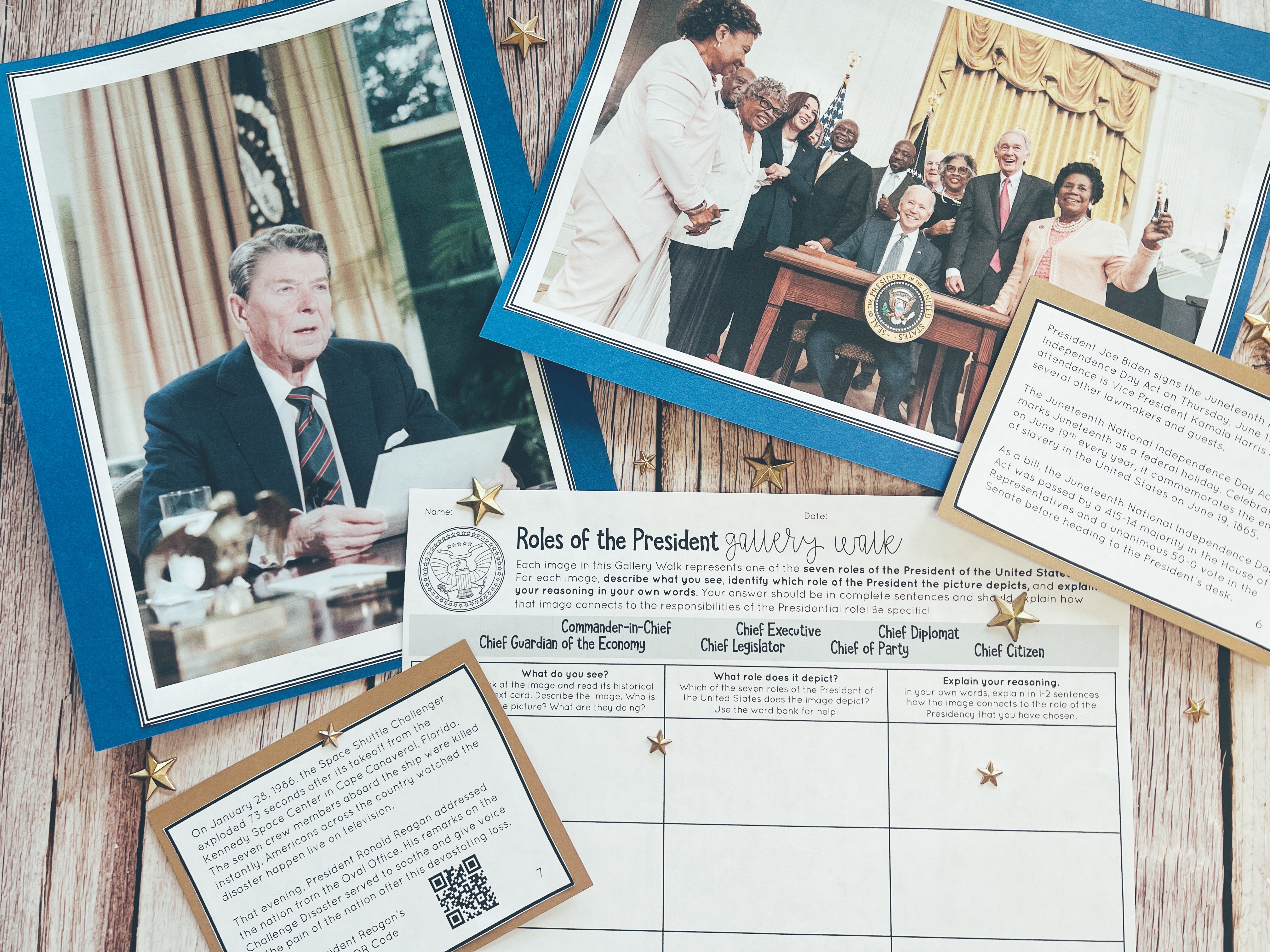 Roles of the President Gallery Walk is displayed on a table, including a picture of Ronald Reagan and one of Joe Biden.