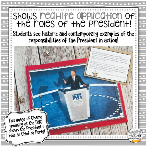 Roles of the President Executive Branch Gallery Walk thumbnail says "Shows real-life application of the roles of the President! Students see historic and contemporary examples of the responsibilities of the President in action!"