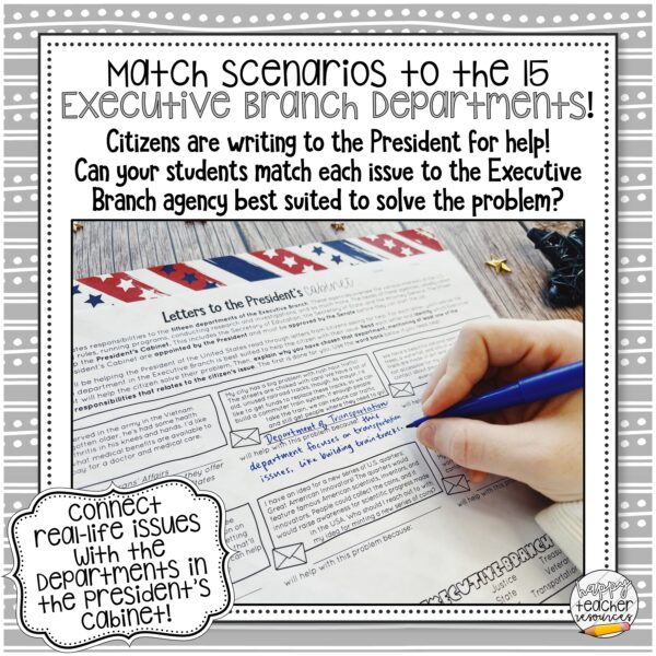 President's Cabinet Activity thumbnail says "Match scenarios to the 15 Executive Branch Departments!" Citizens are writing to the President for help. Can your students match each issue to the Executive Branch agency best suited to solve the problem?