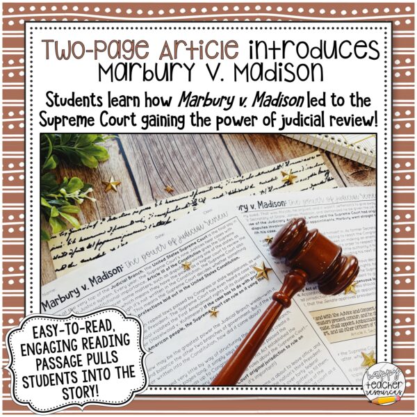 Marbury v. Madison Article & Review thumbnail says "Two-Page Article introduces Marbury V. Madison! Students learn how Marbury v. Madison led to the Supreme Court gaining the power of judicial review."