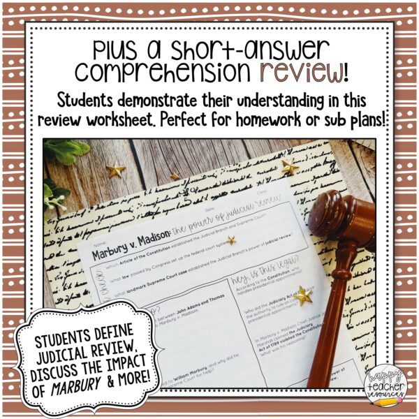 Marbury v. Madison Article & Review thumbnail says "Plus, a short-answer comprehension review! Students demonstrate their understanding in this review worksheet. Perfect for homework or sub plans!"