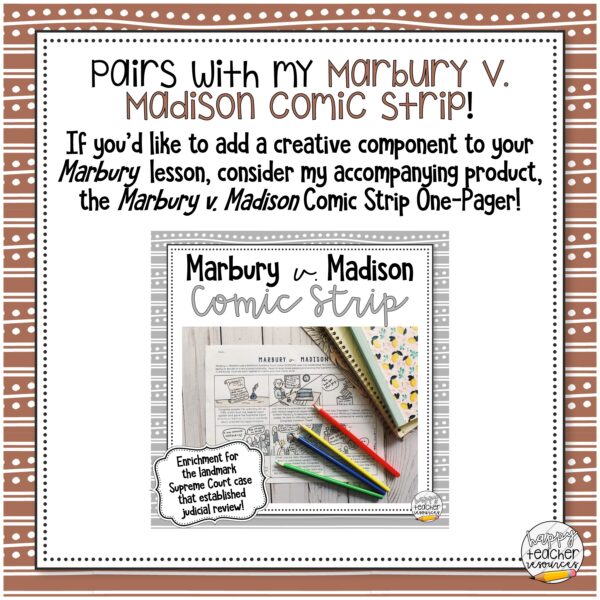 Marbury v. Madison Article thumbnail reads: Pairs with my Marbury v. Madison comic strip! If you'd like to add a creative component to your Marbury lesson, consider this accompanying product, the Marbury v. Madison Comic Strip One-Pager!"