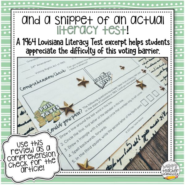 Voting Rights Barriers thumbnail reads: and a snippet of an actual literacy test!