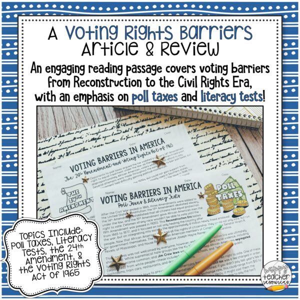 Voting Rights Amendments Bundle thumbnail says: A Voting Rights Barriers Article & Review