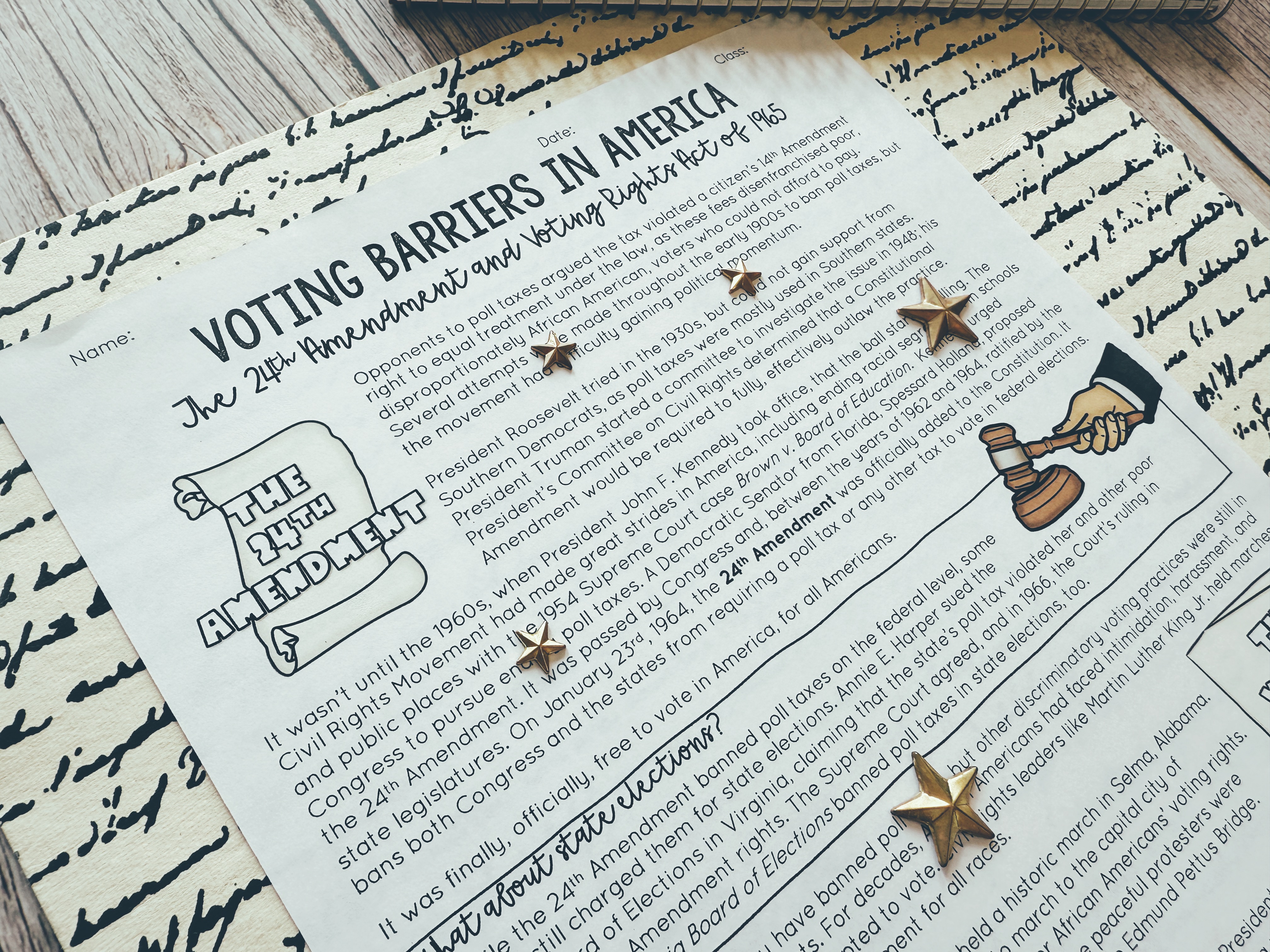 Voting Barriers in America worksheet on table