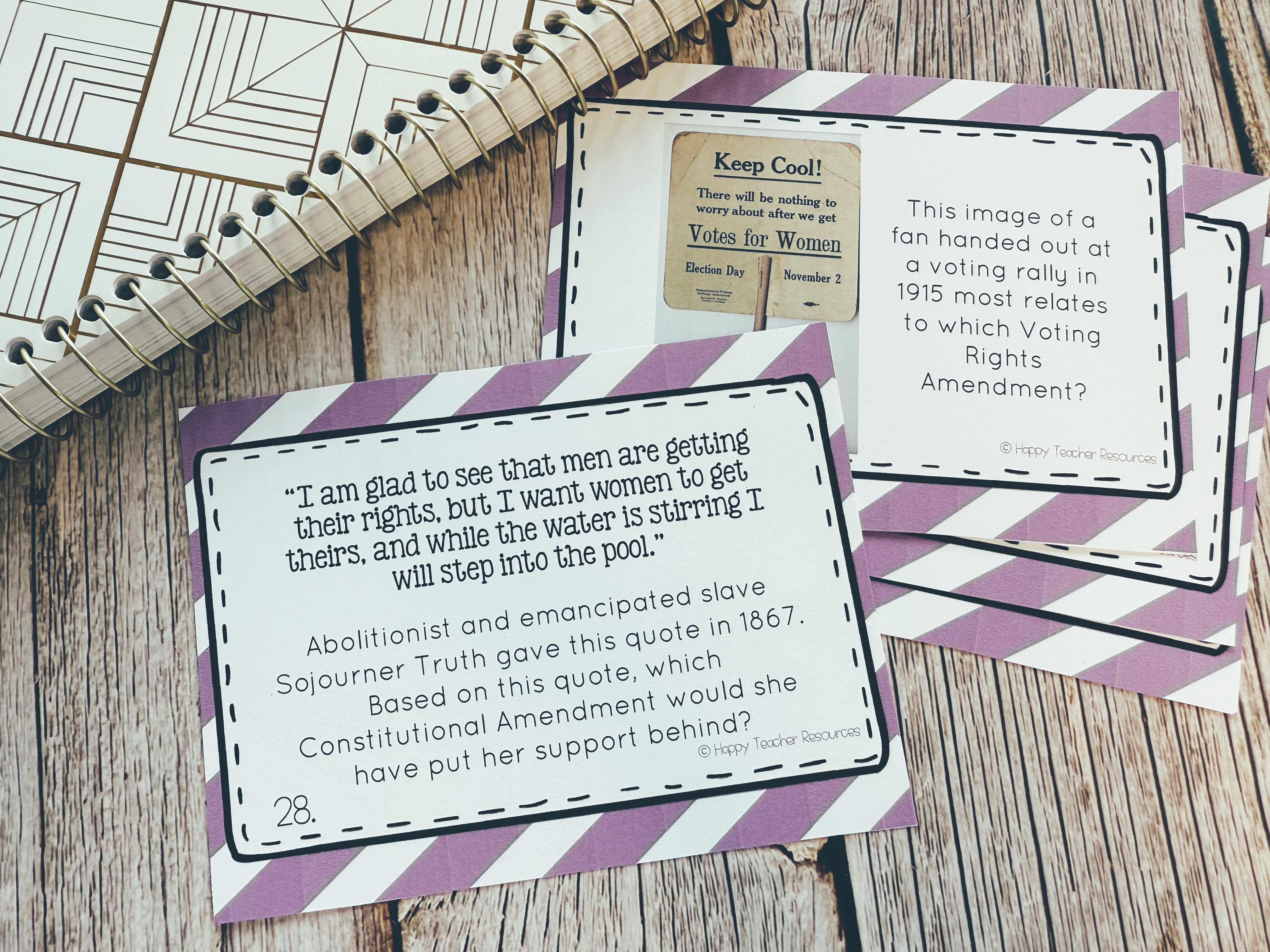 Voting Rights Amendments task cards arranged on a tabletop.