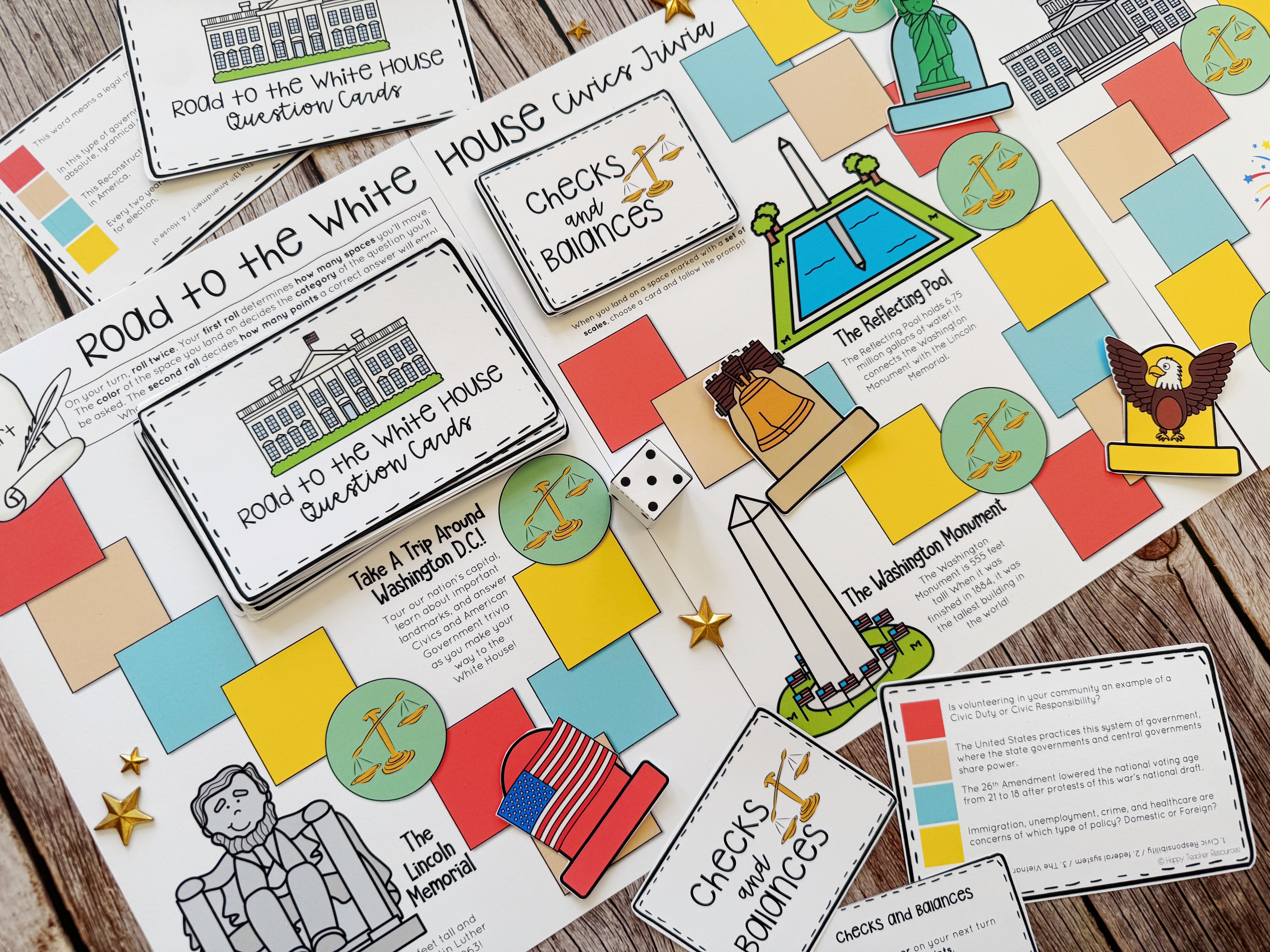 Civics End of Year Review Board Game arranged on a table