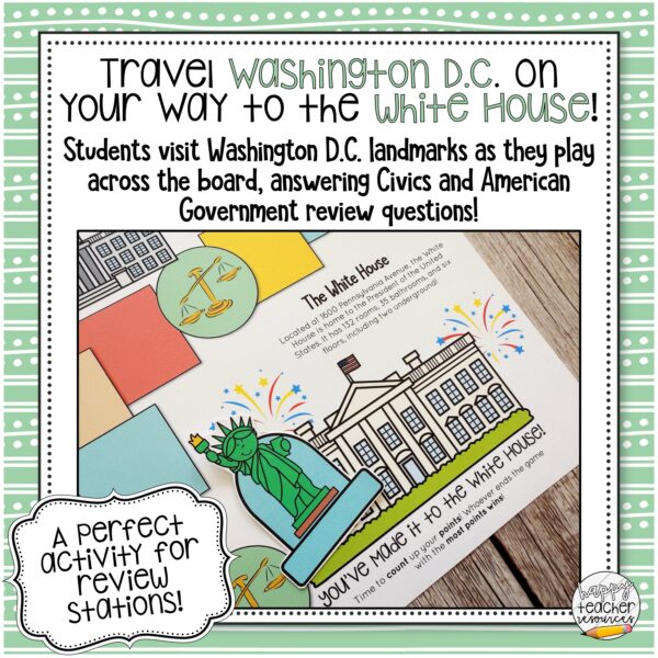 Civics End of Year Review Board Game thumbnail says "travel Washington DC on your way to the White House!"