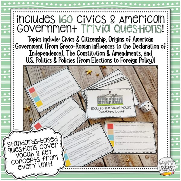 Civics End of Year Review Board Game thumbnail says "includes 160 Civics and American Government trivia questions!"