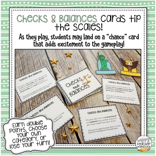 Civics End of Year Review Board Game thumbnail says "Checks and balances cards tip the scales!"