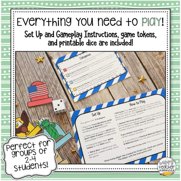 Civics End of Year Review Board Game thumbnail says "Everything you need to play!"