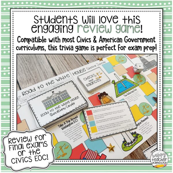 Civics End of Year Review Board Game thumbnail says "Students will love this engaging review game!"