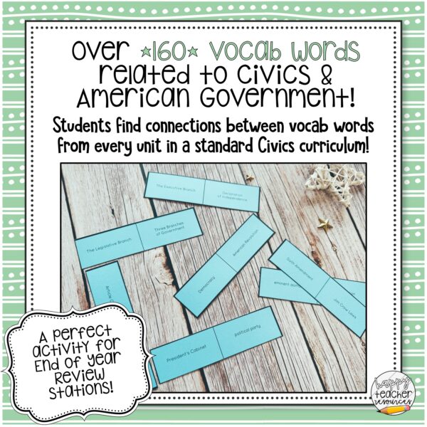Civics End of Year Review Dominoes thumbnail reads: Over 160 vocab words related to Civics and American Government!
