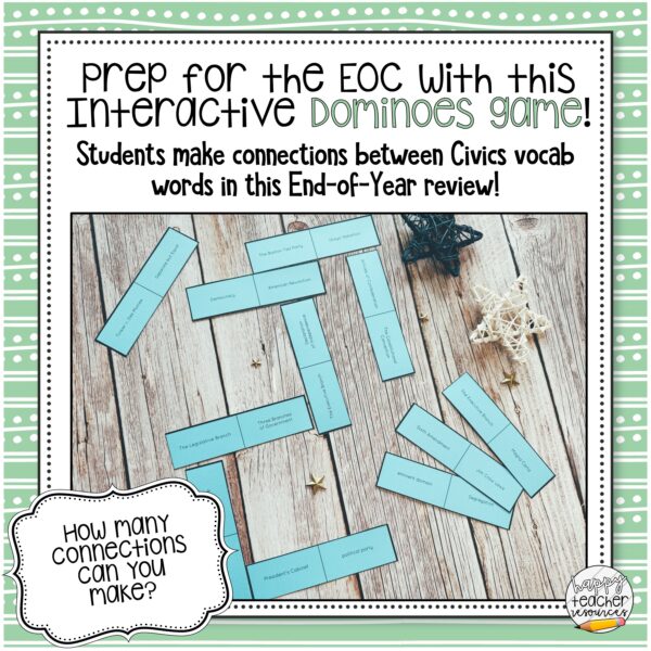 Civics End of Year Review Dominoes thumbnail reads: Prep for the EOC with this interactive dominoes game!