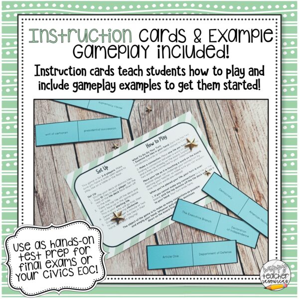 Civics End of Year Review Dominoes thumbnail reads: Instruction cards & example gameplay included!