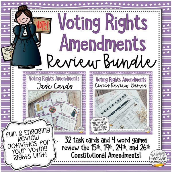 Voting Rights Amendments Review Games Bundle thumbnail. 32 task cards and 4 word games review the 15th, 19th, 24th, and 26th Constitutional Amendments!